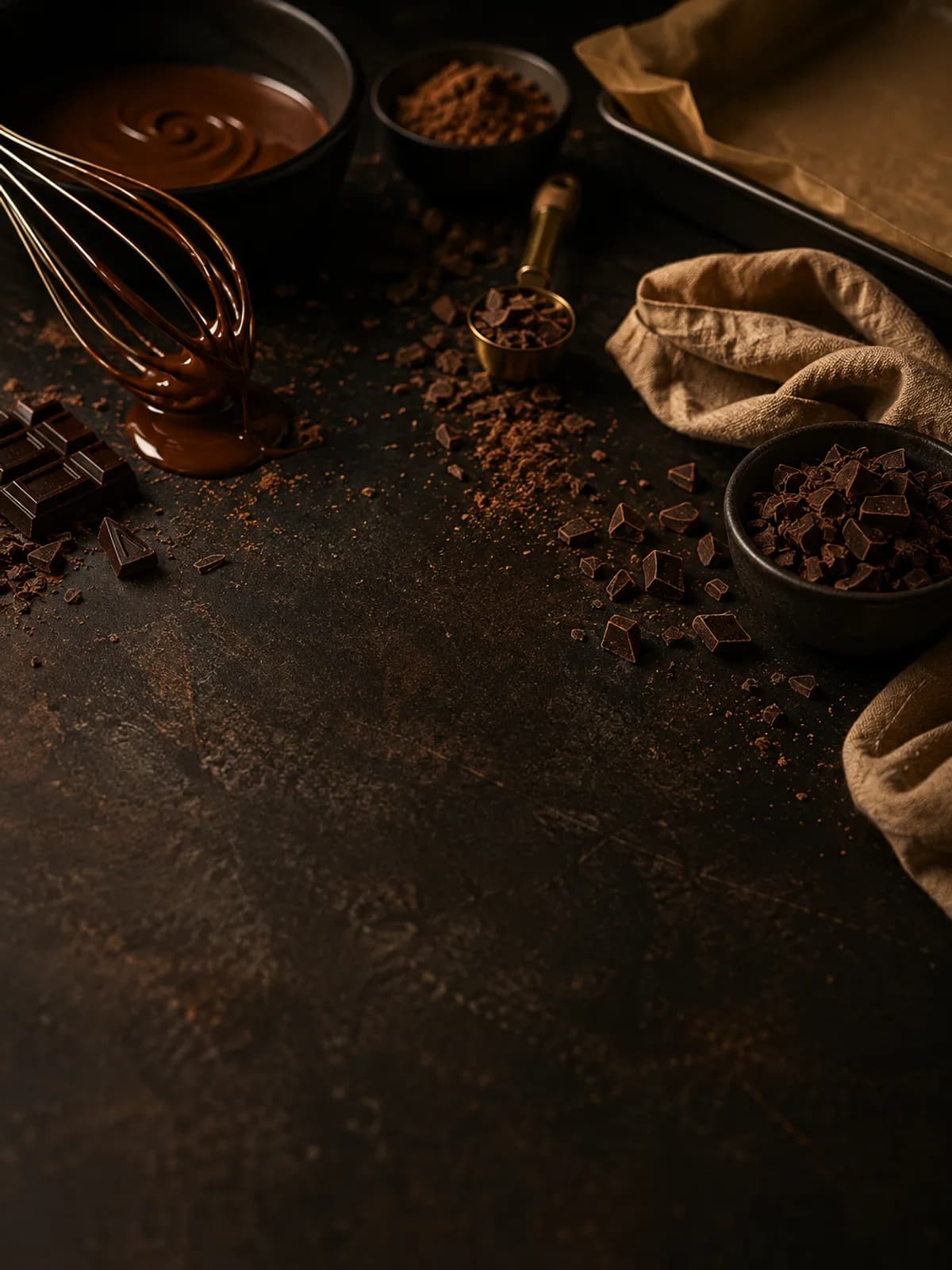 A whisk, chopped chocolate and cocoa laid out on a dark surface
